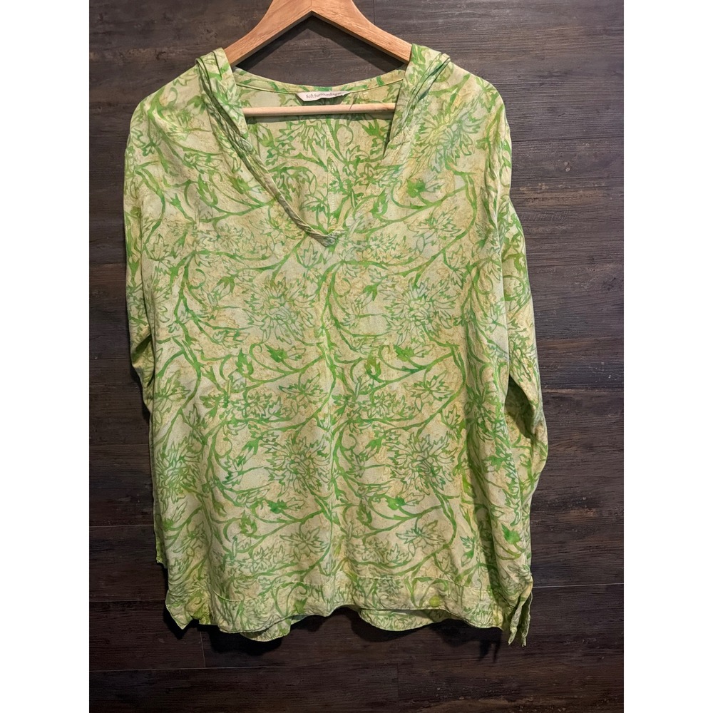 Soft Surroundings Green Floral Rayon Hooded Pullover Top Womens Medium 29292